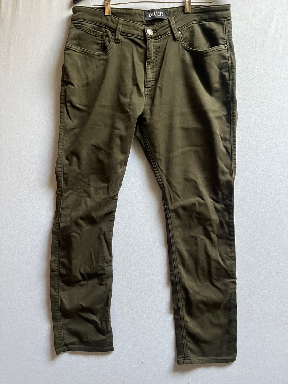 DU/ER Olive Green Slim Fit N2X Relaxed Taper Performance Pants Size 35